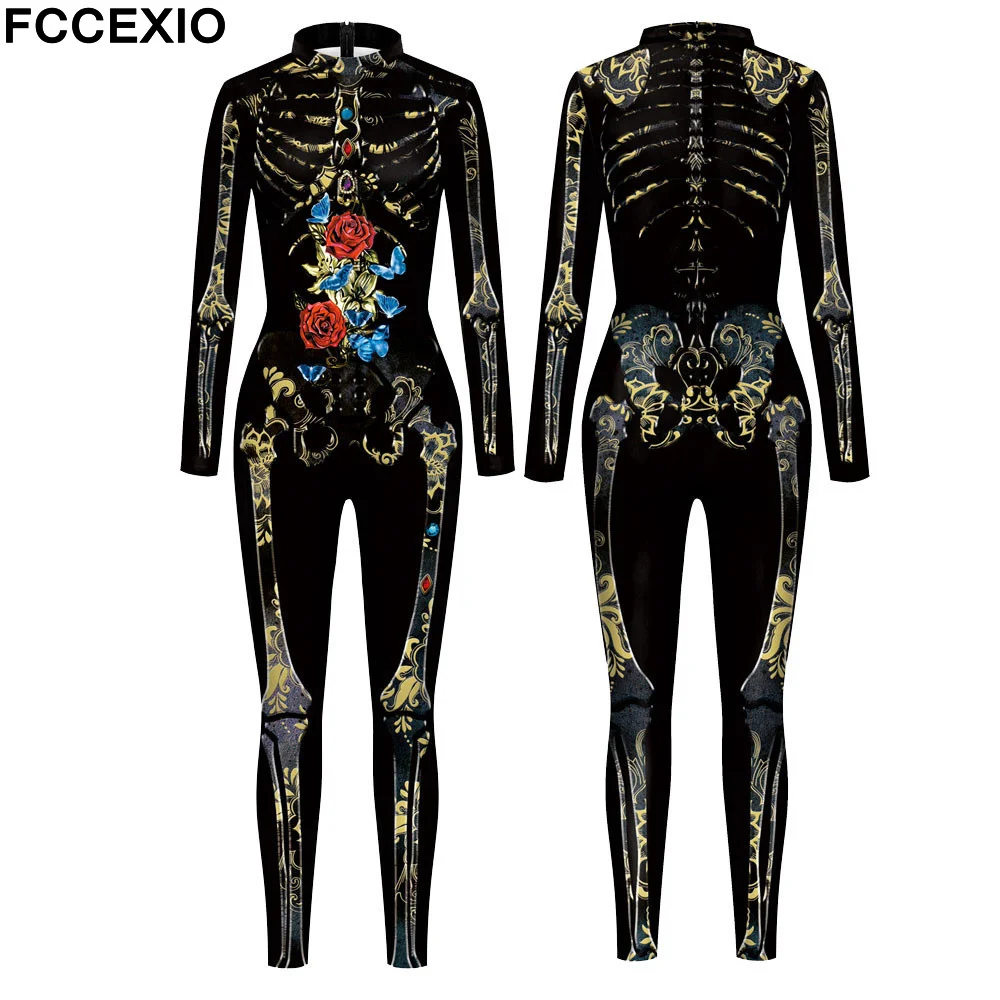 FCCEXIO костюмы для косплея на Хэллоуин для взрослых, боди с 3D-принтом скелета, женский сексуальный тонкий эластичный комбинезон с длинным рука...
