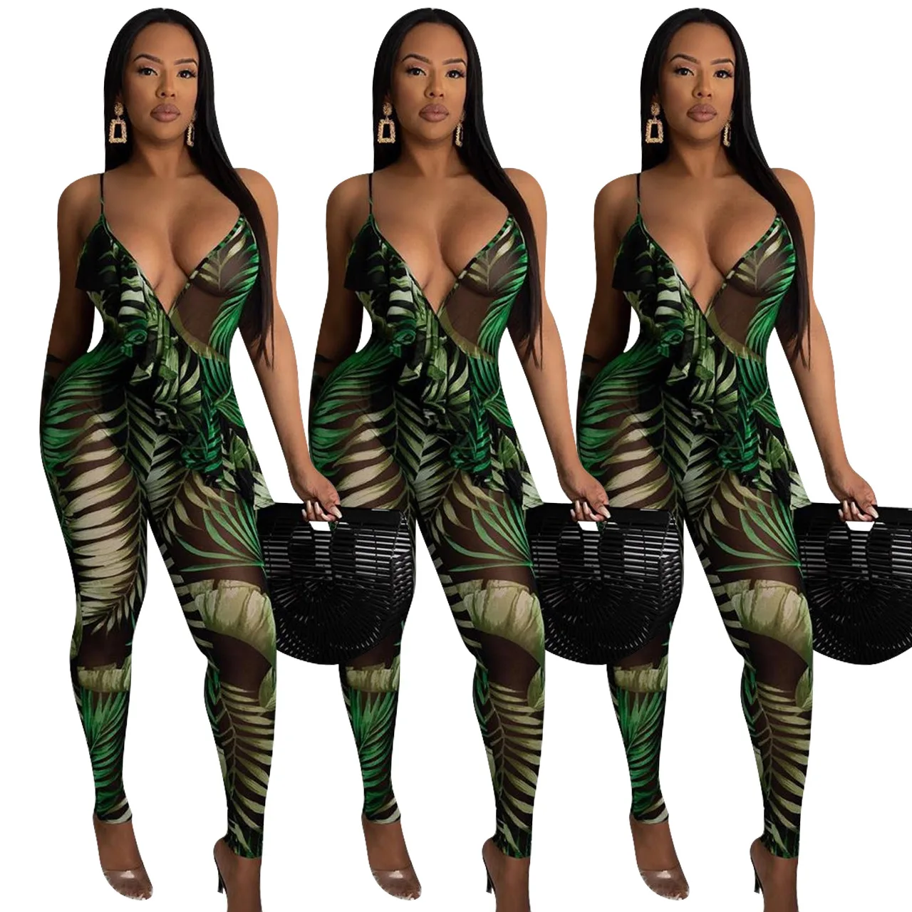 

CYGM V-neck Romper and Playsuit Club Party Sexy Mesh See Through Women Leaf Sleeveless Open Back Spaghetti Strap Jumpsuit