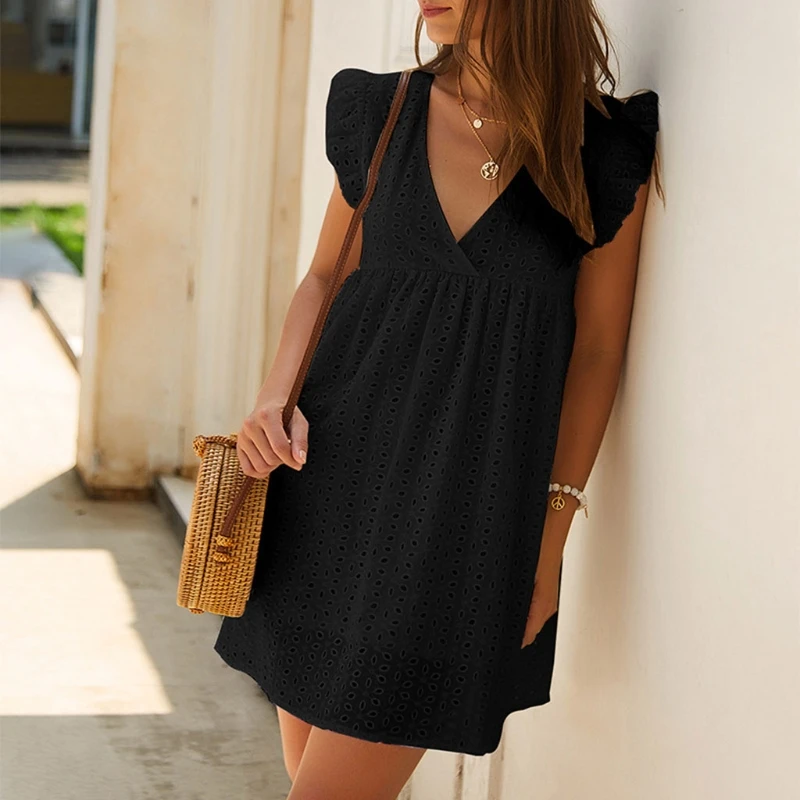 

J60D Women Summer Ruffles Sleeve Sexy Deep V-Neck A-Line Swing Short Dress Double Layer Hollow Out Lace Casual Loose Pleated