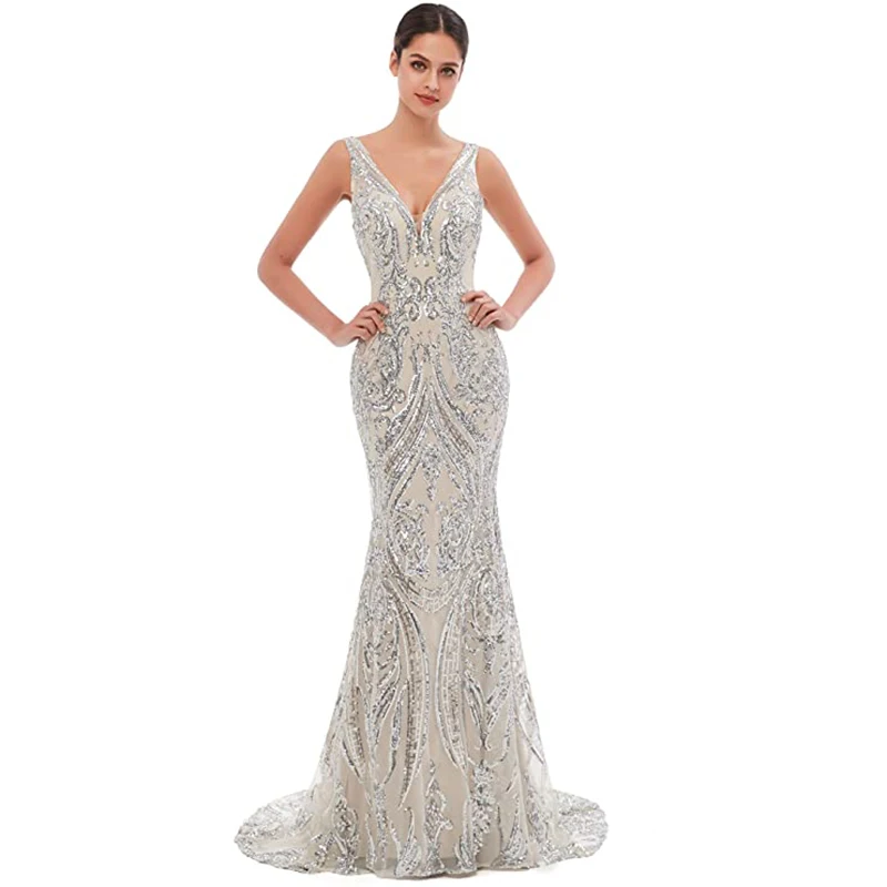 

Women Long Tulle Evening Dresses V Neck Lace Up Back Sequined Wedding Gown Elegant Sweep Train Mermaid Bridal Robe Prom Garment
