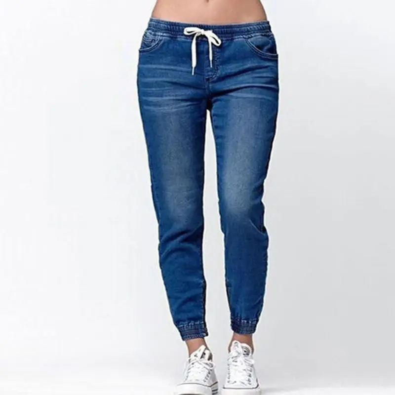 

Womens Waist Pencil Elastic Stretch Denim Skinny Pants Drawstring Jeans Trousers