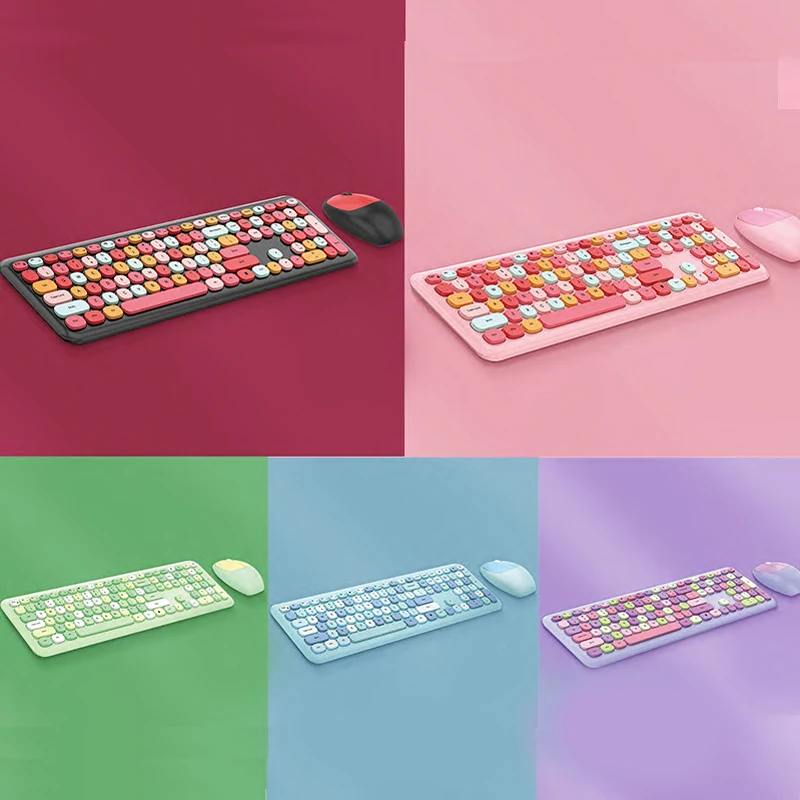 

Multi-Color Wireless Keyboard and Mouse Combo,2.4GHz Cordless Round Key Fashion Keypads for Laptop, Computer,Pink Keyboards