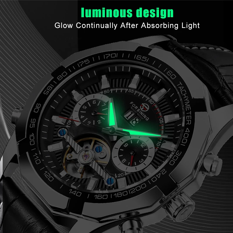 FORSINING, модные мужские Tourbillon, автоматические часы, Серебряный Скелет, кожаный ремешок, военные механические наручные часы, мужские спортивные часы