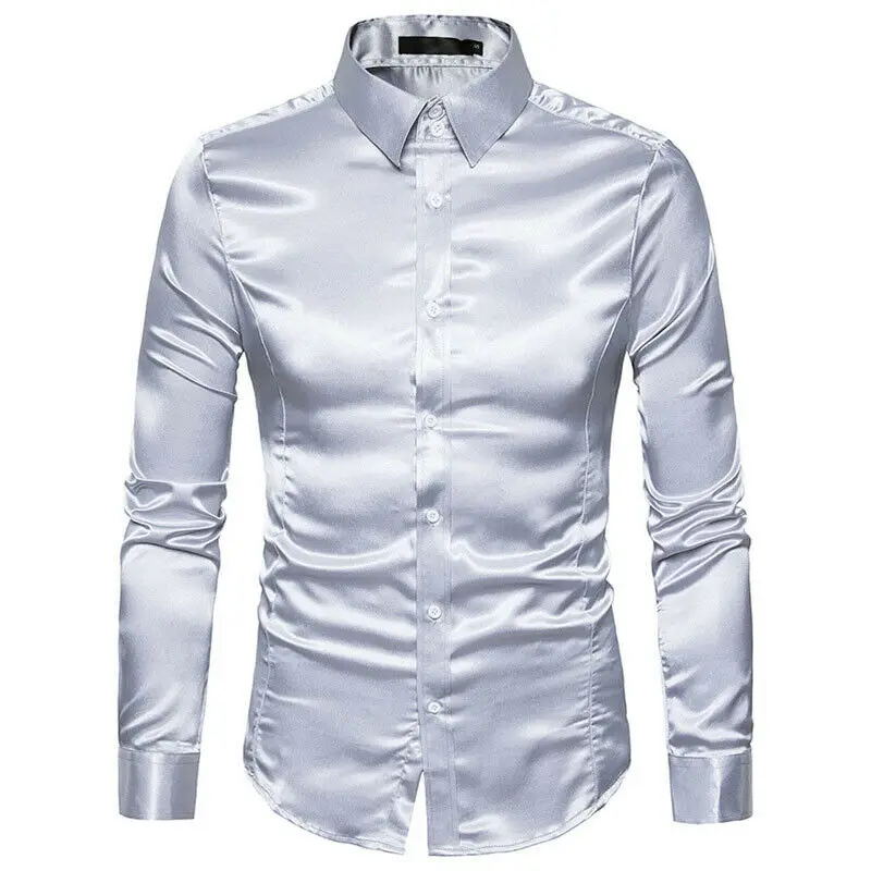 

Luxury Men Silk Satin sHIRT Long Sleeve Shirt Wedding Tuxedo Slim Fit Blouse Shirts Top