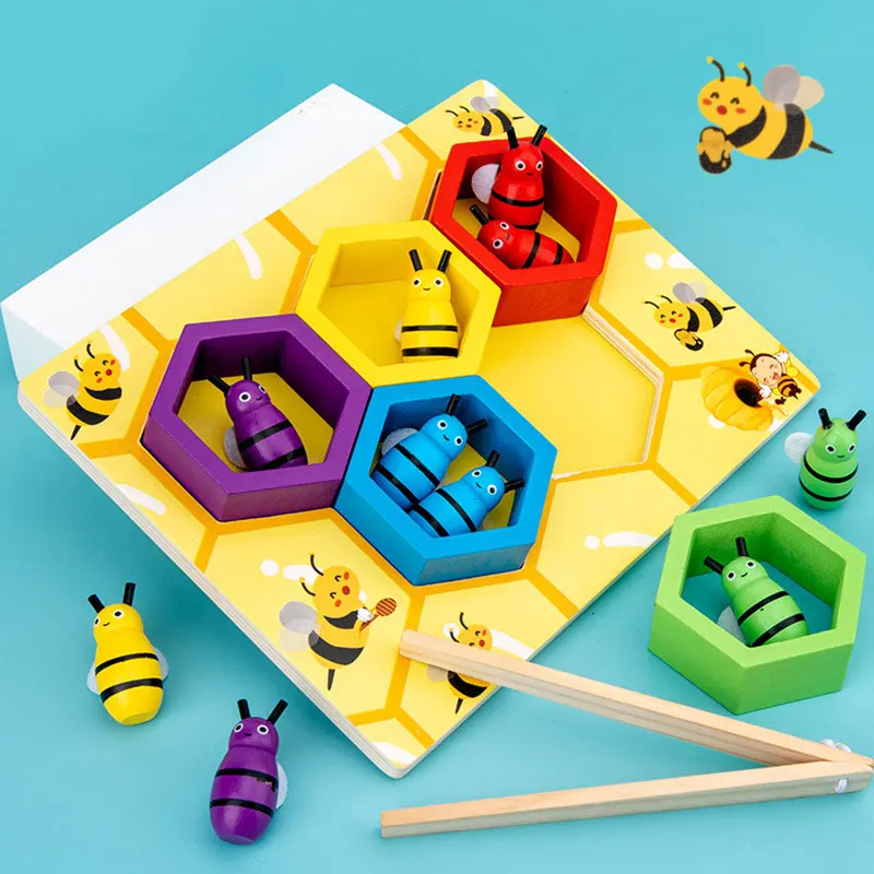 Abrazadera Montessori para beb&eacute;s, juego de colmena de abejas, juguete para recoger y atrapar, regalos de desarrollo, educaci&oacute;n cognitiva de Color-3
