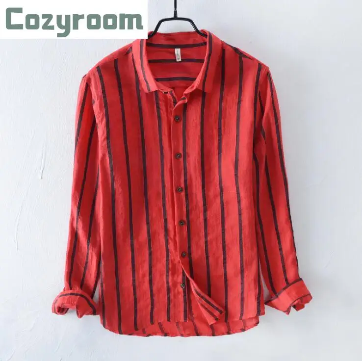 

2021 Мужская модная повседневная полосатая футболка с длинными рукавами Slim Fit мужской лен платье в деловом стиле рубашка брендовая мужская мя...