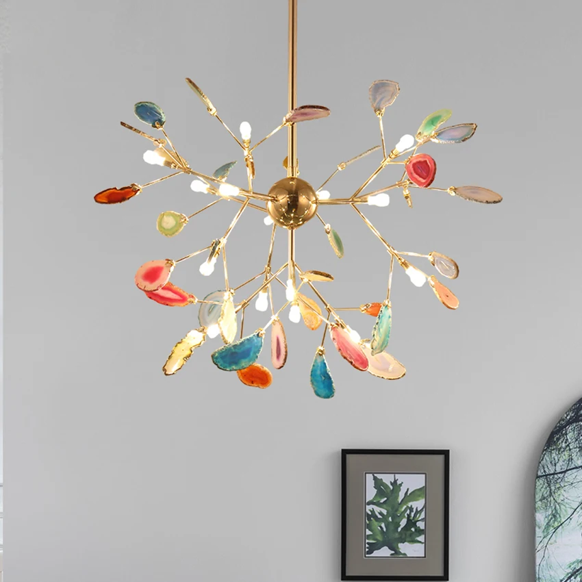 Современный люстра Modern Firefly Branch с цветными агатовыми камнями и светодиодами, роскошная лофт-люстра для гостиной и спальни.