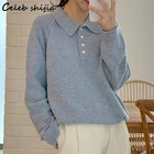 Женский вязаный свитер SHIJIA, свитер абрикосового цвета с отложным воротником и длинным рукавом, свободный джемпер в Корейском стиле для работы на осень и зиму, 2021