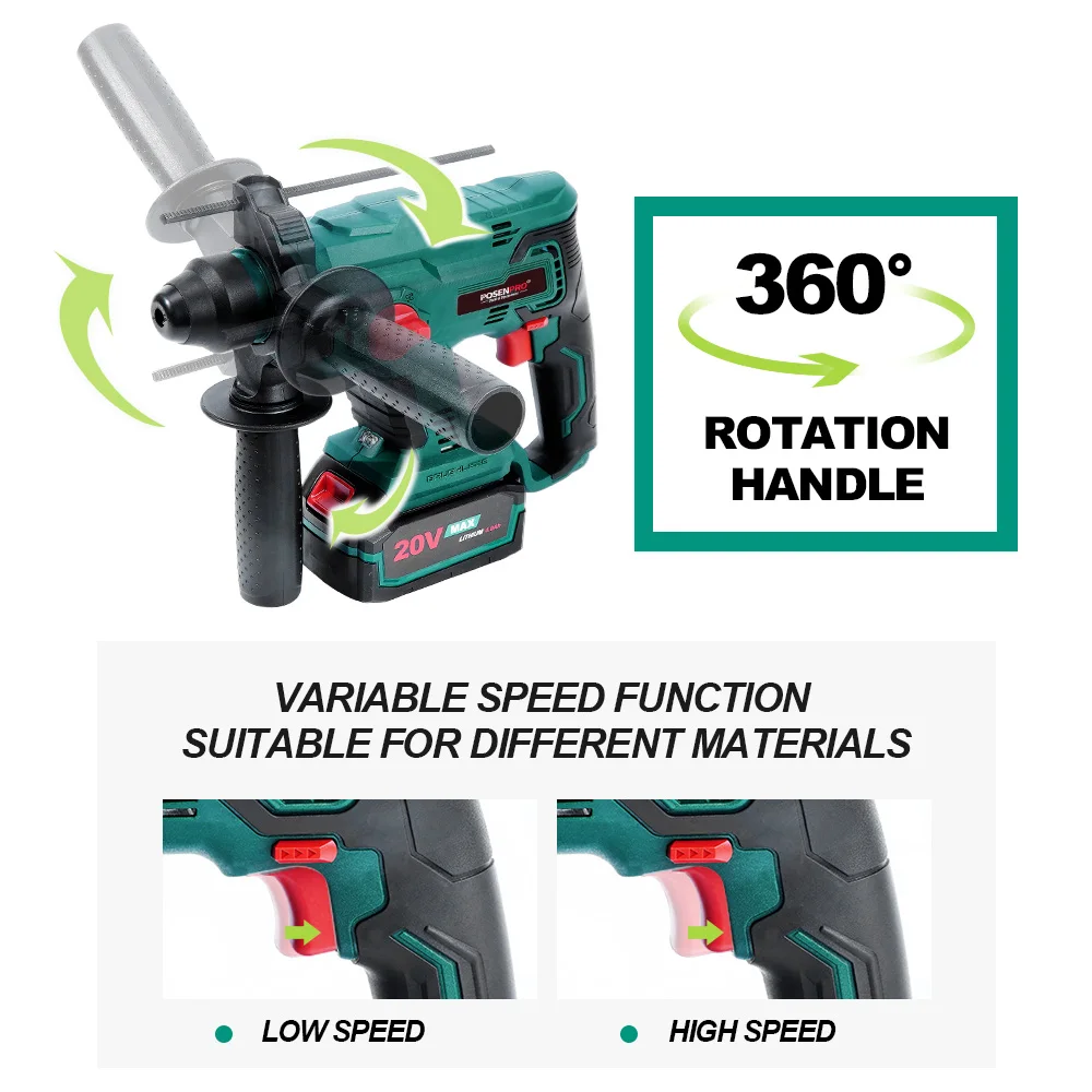 POSENPRO Brushless Rotary Hammer Electric Drill 20V Cordless 1.7J SDS PLUS Drilling Steel Concrete Wood | Инструменты