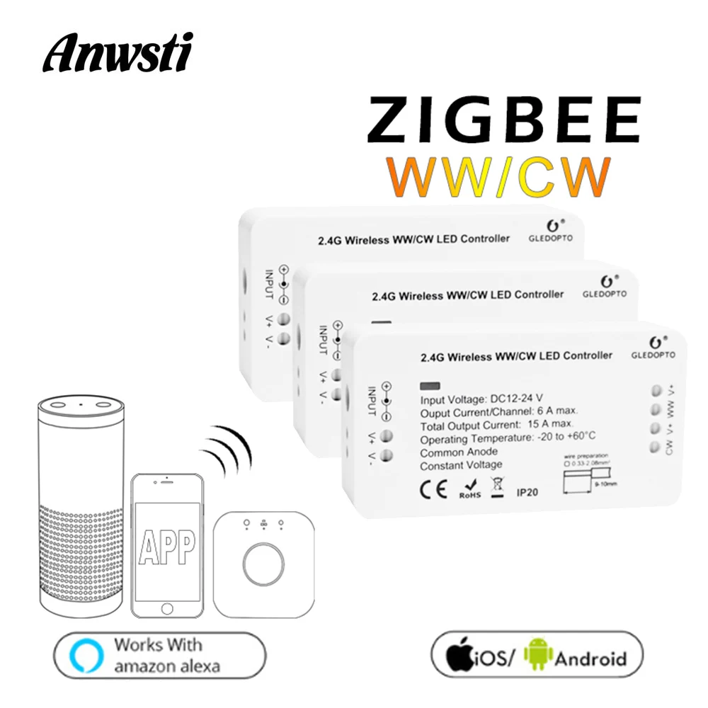 G светодиодный OPTO Zigbee светодиодный контроллер CCT Беспроводное управление Умный дом мост WW CW Светодиодная лента диммер 12 В 24 В Работа с Alexa Echo