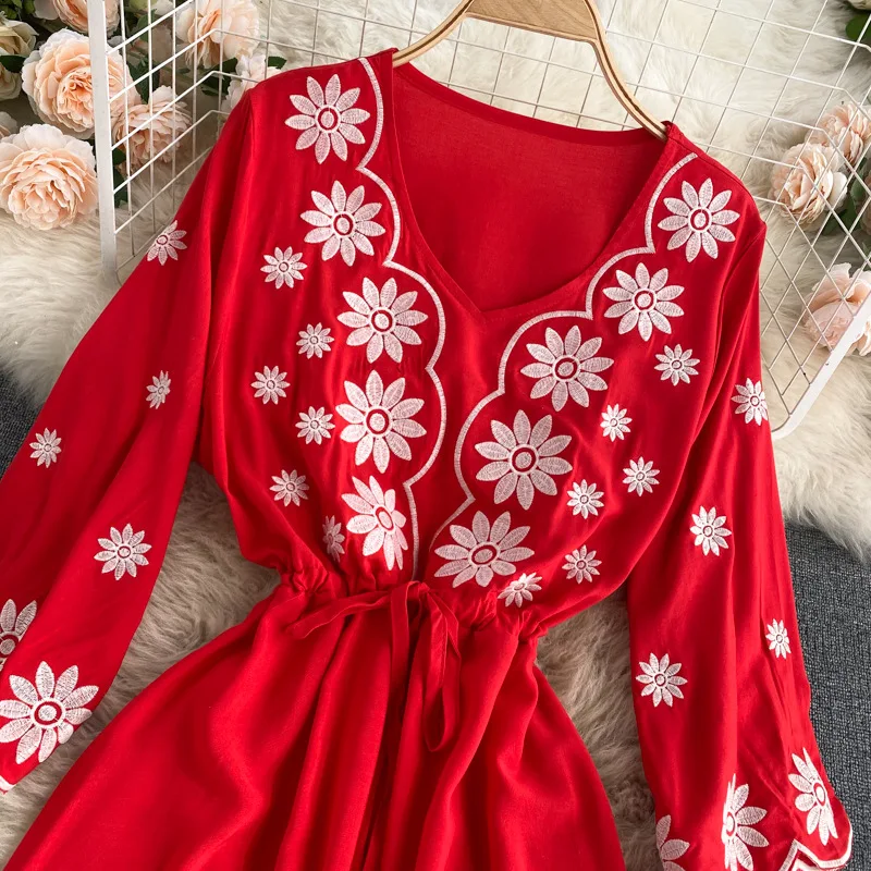 

Korean New Summer 2021 Dress V Collar Horn Sleeves A Draw Rope Slim Light Familiar Wind Mid-length Party Night Dresses