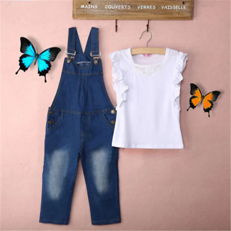 

Vest Jeans Girl Summer Clothes Set Dungarees Vest Tops White Overalls Denim Sleeveless Outfits Children Clothes Fall