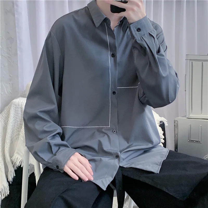 

Men's Shirts Long Sleeve Autumn Korean Harajuku Baggy Casual Chic Soft Teens Simple Outwear Mens Fashion Personality Line Shirts