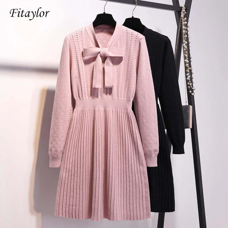 Женское вязаное мини платье с бантом на воротнике размеры до 3XL|Женские платья| |