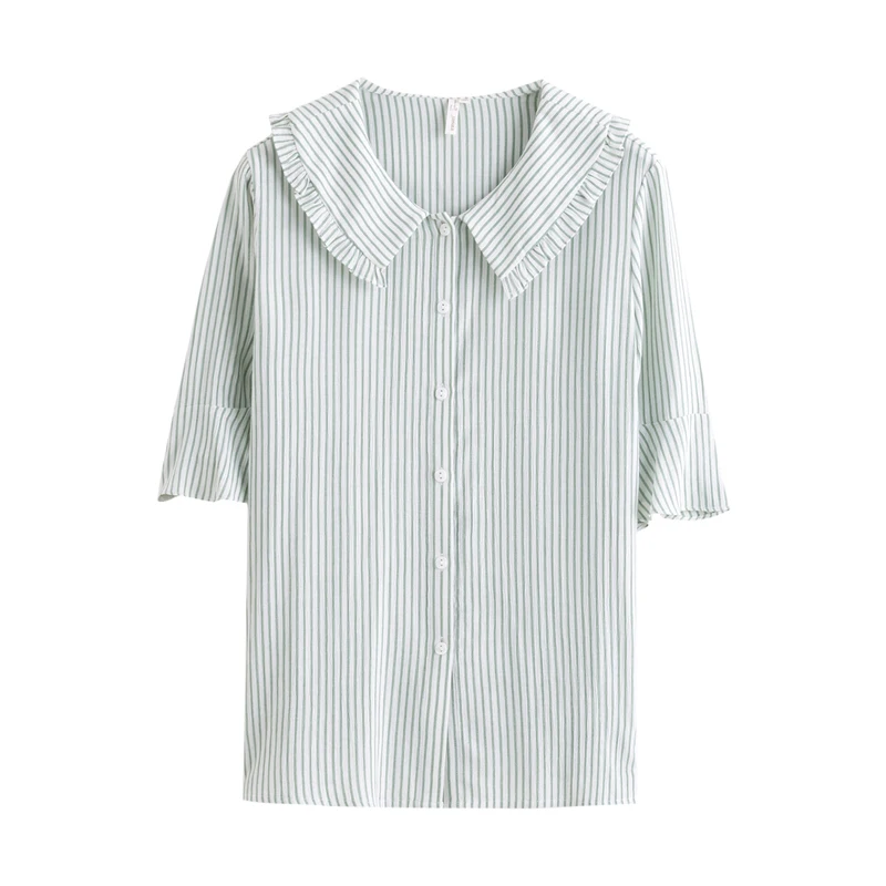 

INMAN Summer Slimmed Stripe Half Sleeve Ruffled Sweet Peter pan Collar Youth Blouse