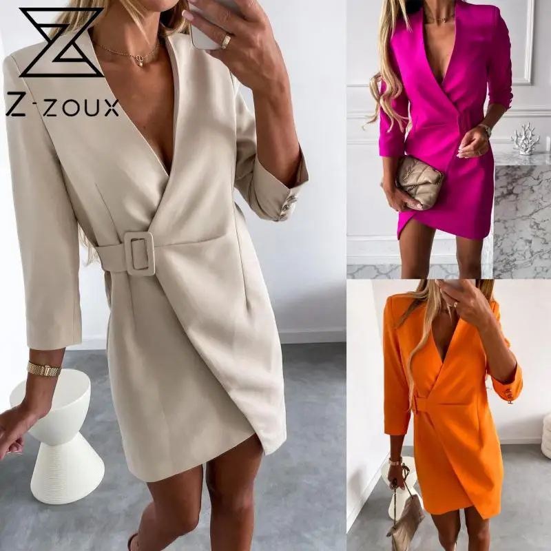 

Z-ZOUX Women Dress Temperament V Neck Wrist Sleeve Belt Blazer Dress Loose Casual Short Ladies Dresses Spring Summer 2022 New