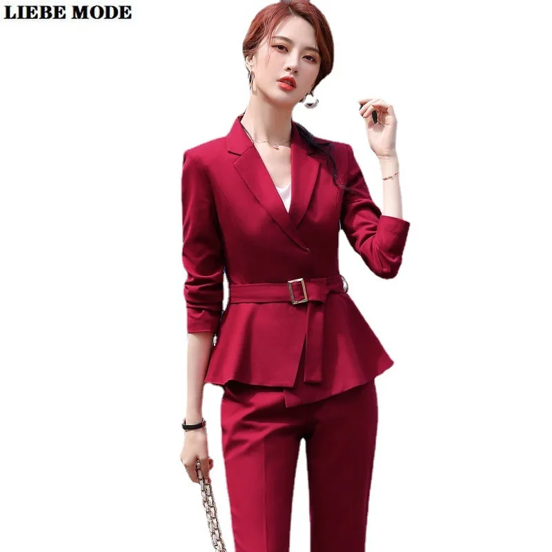 Two Piece Women Business Blazer Set Office Lady Solid Black Red Formal Suits with Sashes Women Formal Work Blazer Pants Set