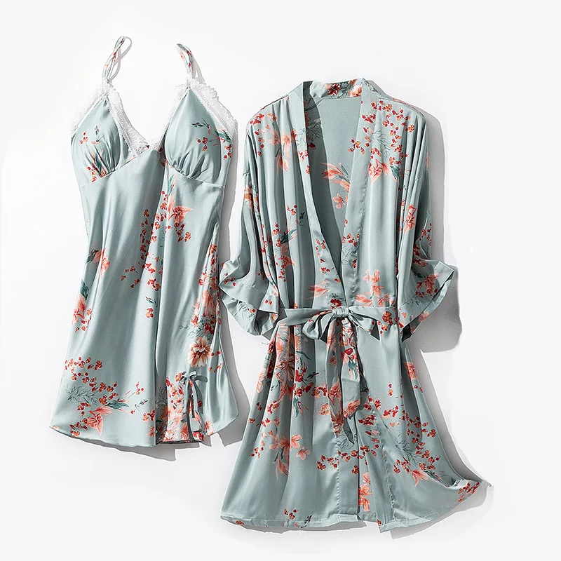 

Spring Summer New Silk Satin Women Robe Suit Long Sleeve Two Piece Set Bathrobe Ladies Thin Loose Casual Homewear Sleepwear