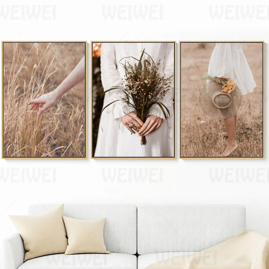 

Country Road Sunset Sunset Photography Pictures Home Decoration Painting Weeds Canvas Poster Girl In White Dress Holding Flower