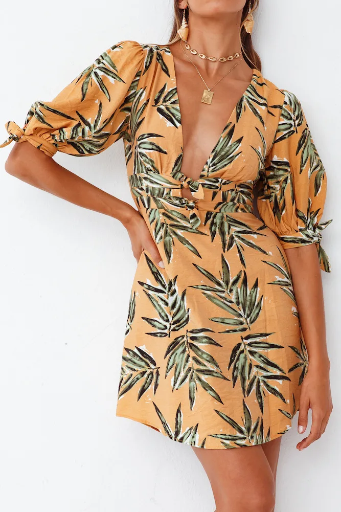 

WEPBEL Summer Floral Print Slim Fit Lace Up Dress Women's Sexy V-neck Short Sleeve Hollow Out Backless Dress