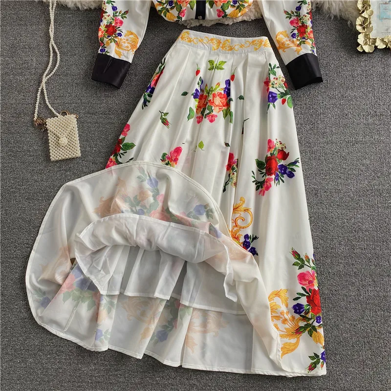 

European and American retro ladies suit floral lapel long-sleeved shirt top + retro printed large swing skirt two-piece suit