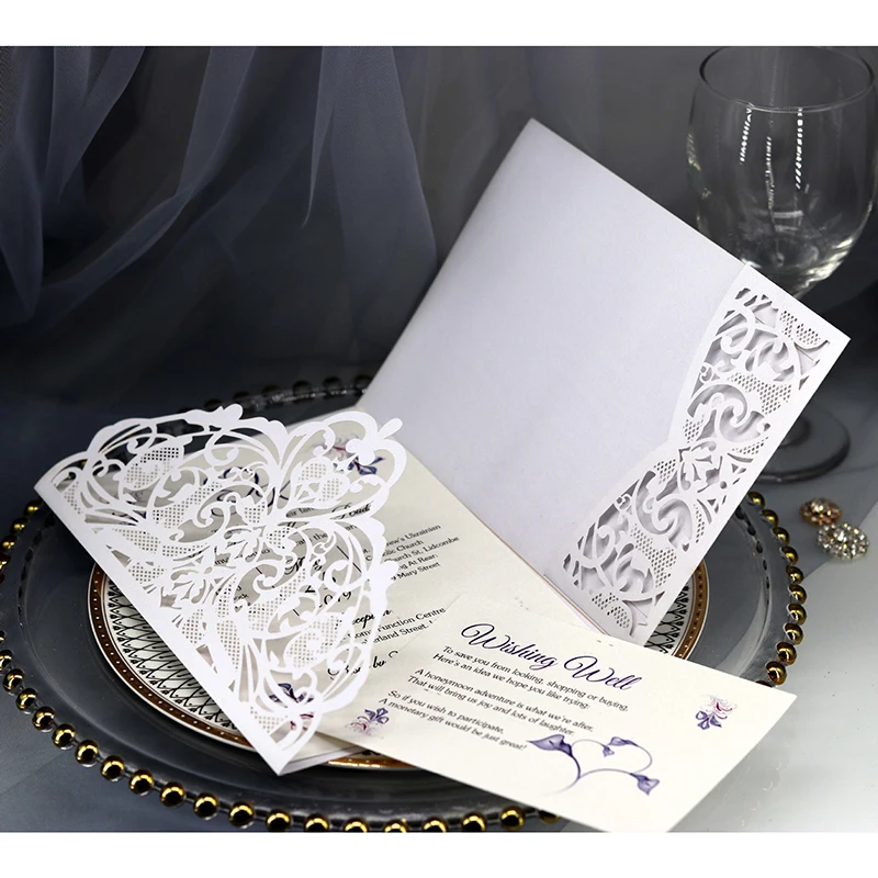 

50pcs Blue White Elegant Laser Cut Wedding Invitation Card Hollow Greeting Card Customize Business With RSVP Card Party Supplies
