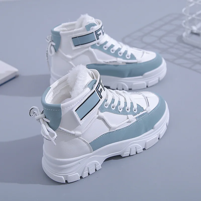 

Повседневная обувь, женская мода, осень и зима, новый стиль, хлопковые туфли, женские кожаные высокие белые туфли, Женская Корейская дикая об...