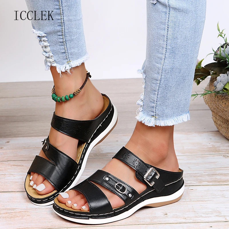 

ICCLEK 2021 Ladies Beach Shoes Fashion Non-slip Platform Sewing Thread Sandals Summer Shoes for Women Sandals Peep Toe Sandals