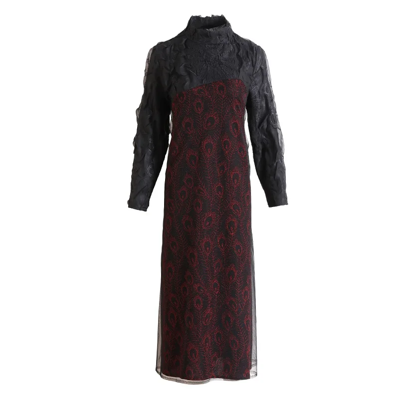 

Middle Aged And Elderly Mother's Autumn Winter Long Sleeve Dress Women's New Knee Length Embroidery Dress