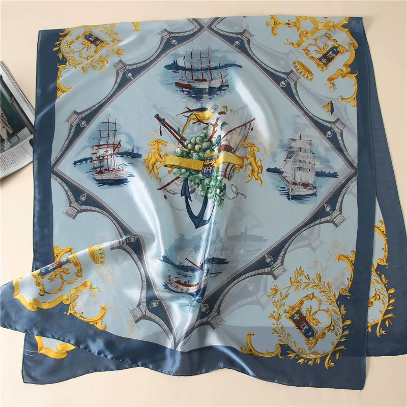

2021 Japan and Korea 180X90CM Silk Scarfs Fashion Ladies Spring Shawls and Wraps Female Sailboat Print Long Stole Poncho Scarves
