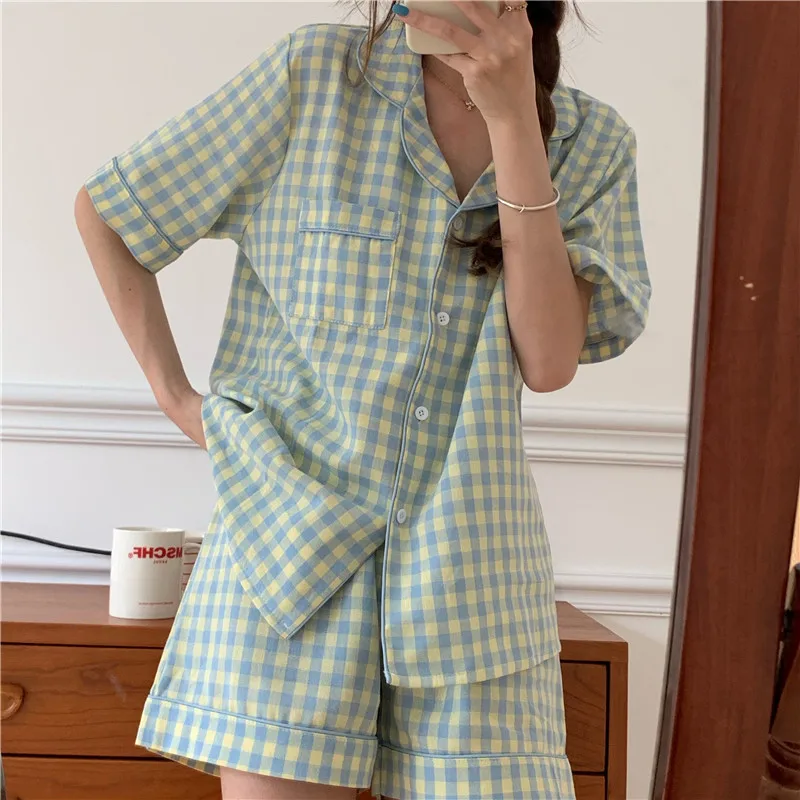 

summer plaid 2 piece set women pajamas set casual loose short sleeve tops shorts pyjamas single breasted shirts sleepwear