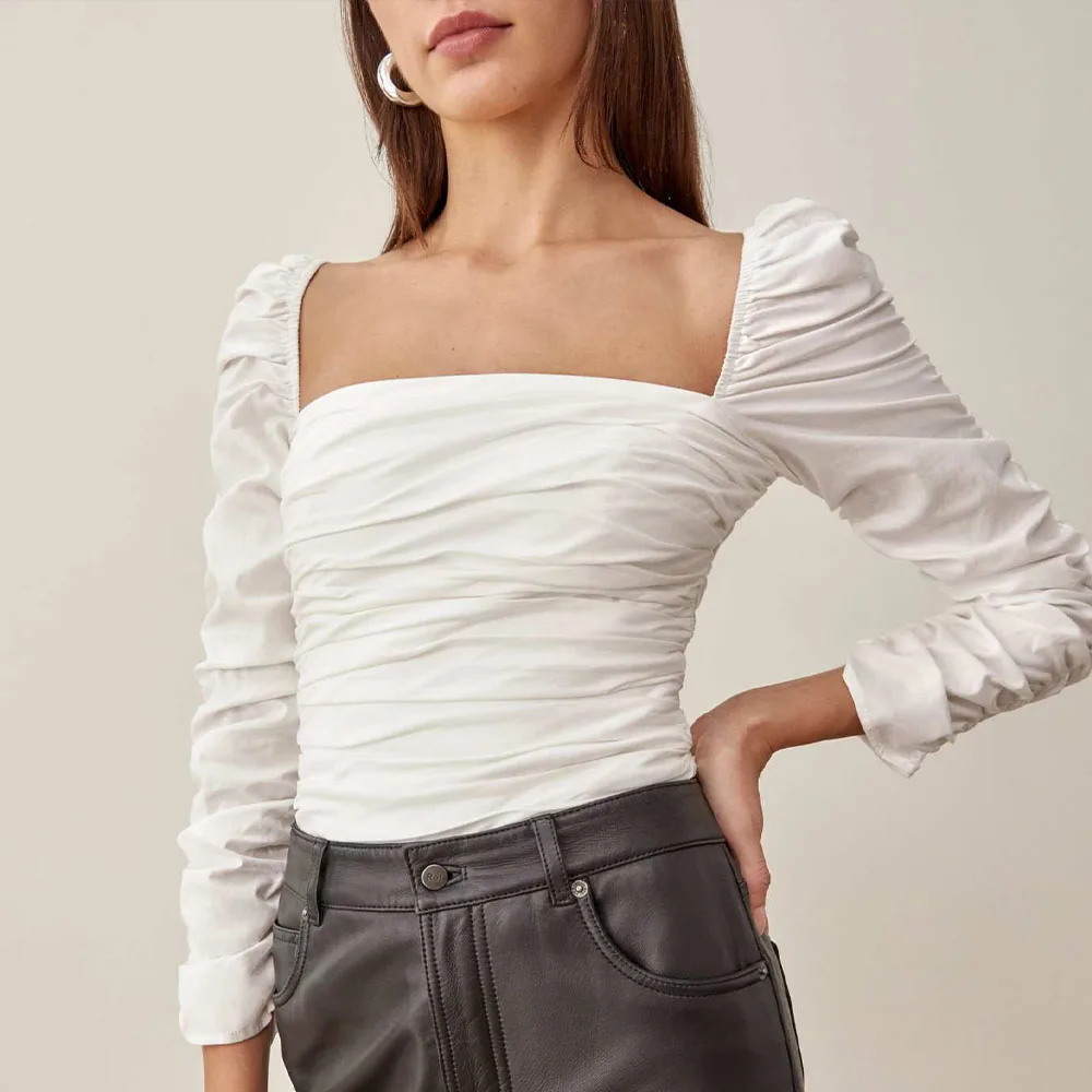 

Женский плиссированный топ с квадратным вырезом и длинными рукавами-фонариками