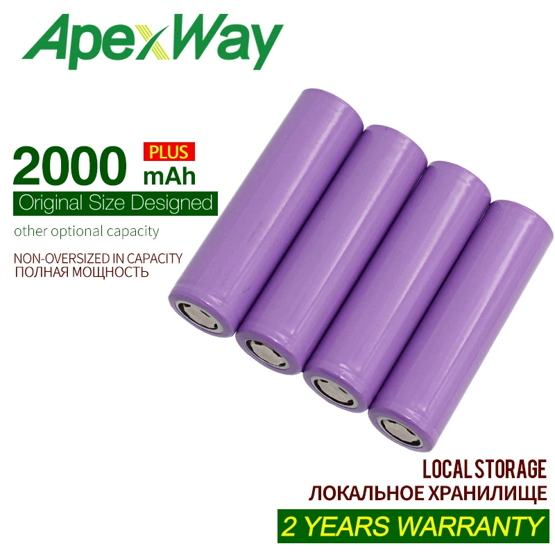 

4 шт., перезаряжаемые литий-ионные аккумуляторы ApexWay, 3,7 в, 18650, 2000 мАч