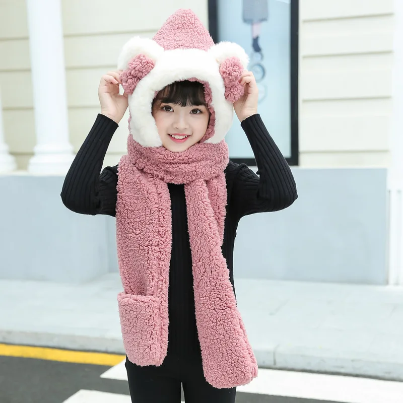 Skin pink Kids Модная шапка для животного с капюшоном из искусственного меха, с бантом, с ушками, с карманами для рук, для женщин, 3 в 1, теплая плюшевая шапка с шарфом, перчатки для мамы и ребенка - Цвет: Skin pink Kids
