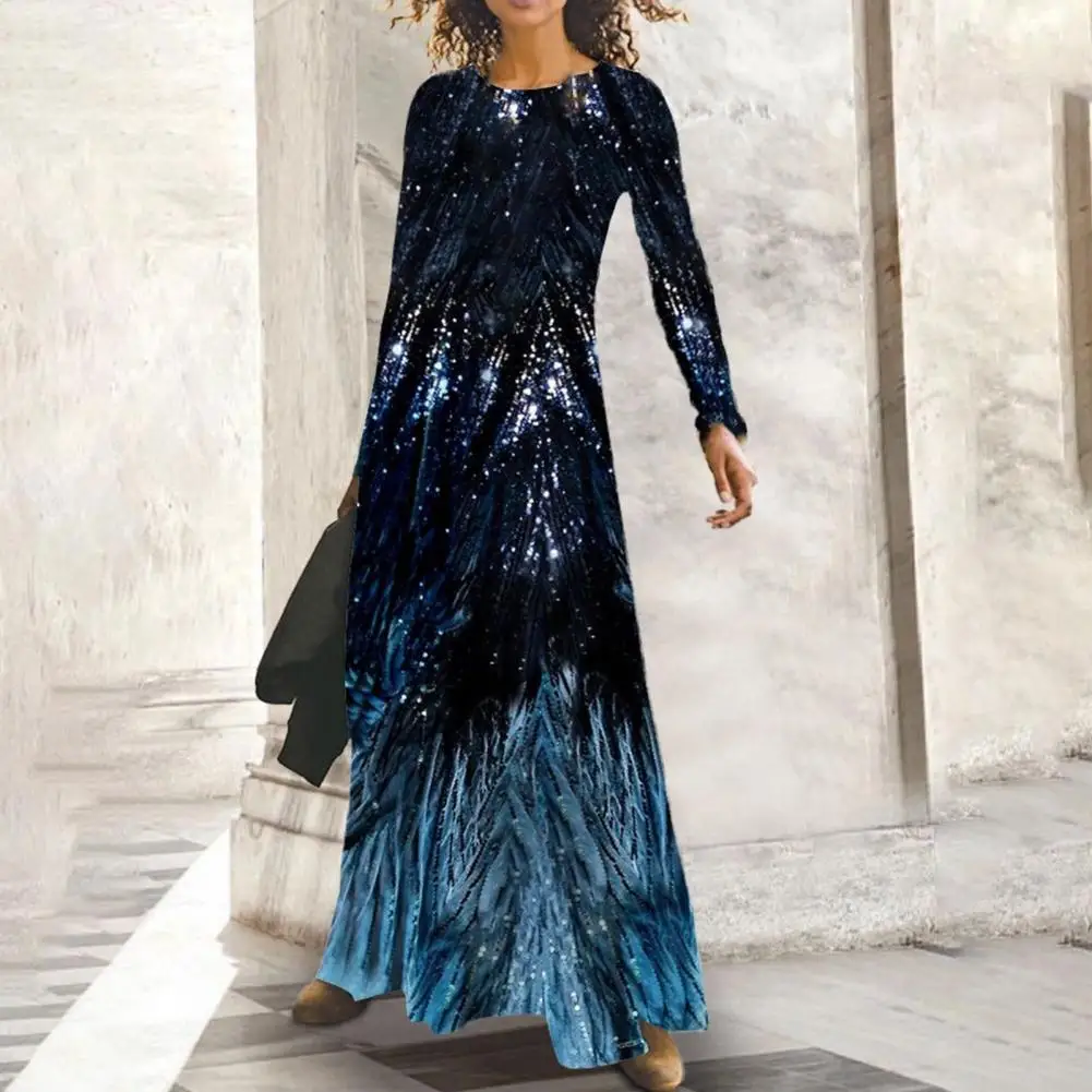 

Длинное платье с принтом и блестками, весеннее облегающее платье макси с круглым вырезом, элегантные платья для женщин, платье на новый год ...