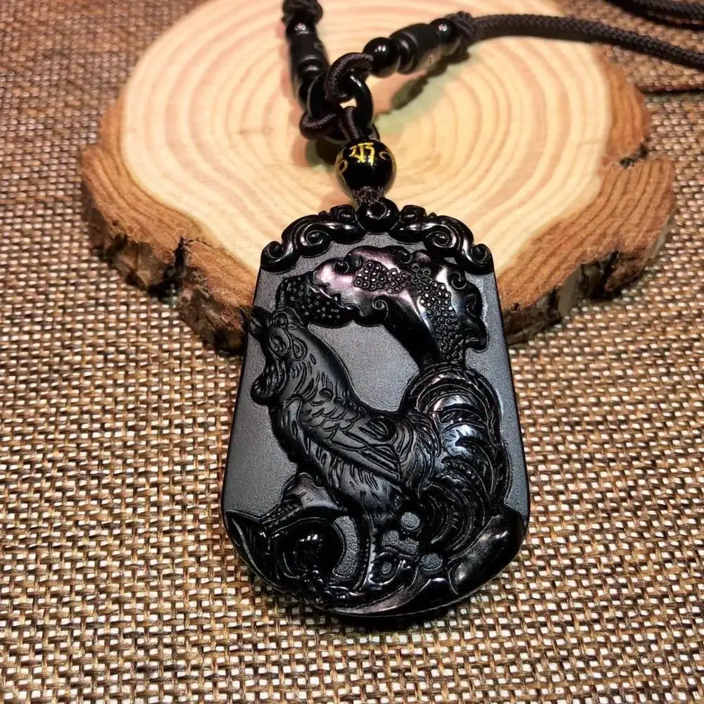 

Natural obsidian Zodiac Chicken pendant obsidian feather chicken pendant + with high-end sling