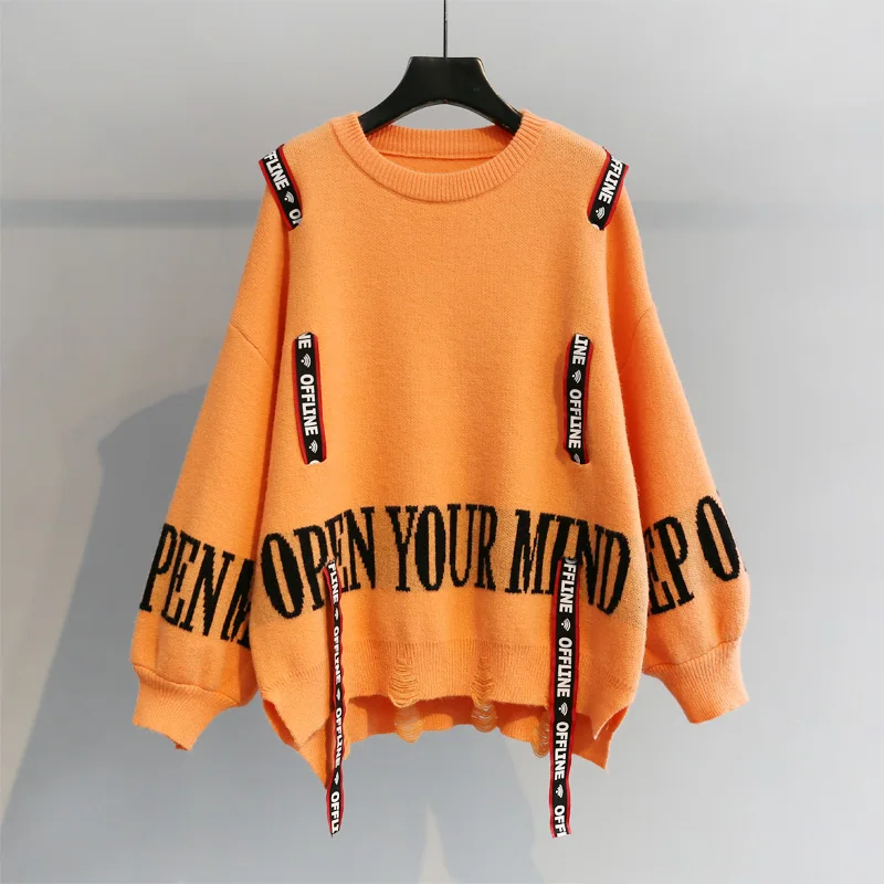 Vangull Knitted Women Sweater 2020 new Winter Fashion Letter Printed Ribbon Loose Irregular long sleeve Pullovers | Женская одежда