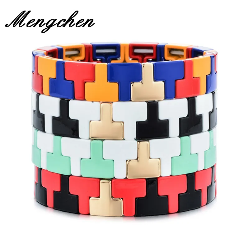 

Bohemian Handmade Woven Alloy Rainbow Tile Bracelet Multicolor Elastic Bracelets For Women Men Fashion Gifts
