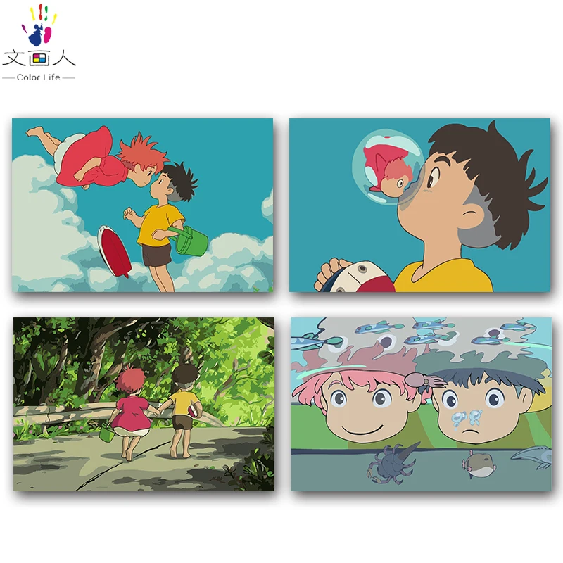 DIY картинки для раскраски по номерам с цветами Золотая рыбка на скале Hayao Miyazaki