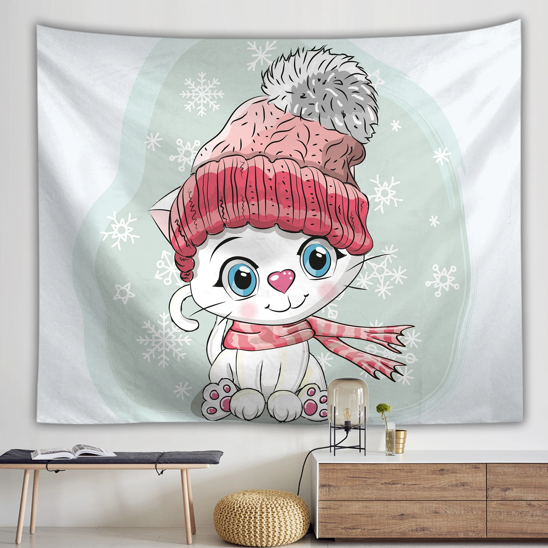 Настенный гобелен с милым рисунком кота цветов животных хиппи настенный в стиле