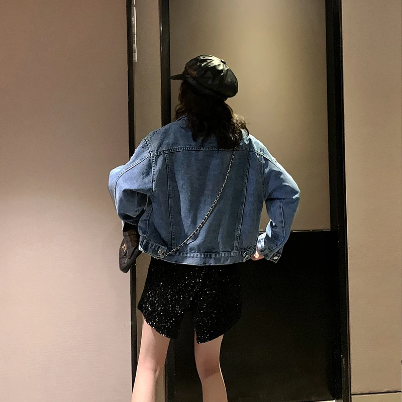 Pearl Beading Crop Short Denim Jackets Women White Wash Long Sleeve Vintage Casual Jean Jacket Bomber Coat Female Basic Ou |