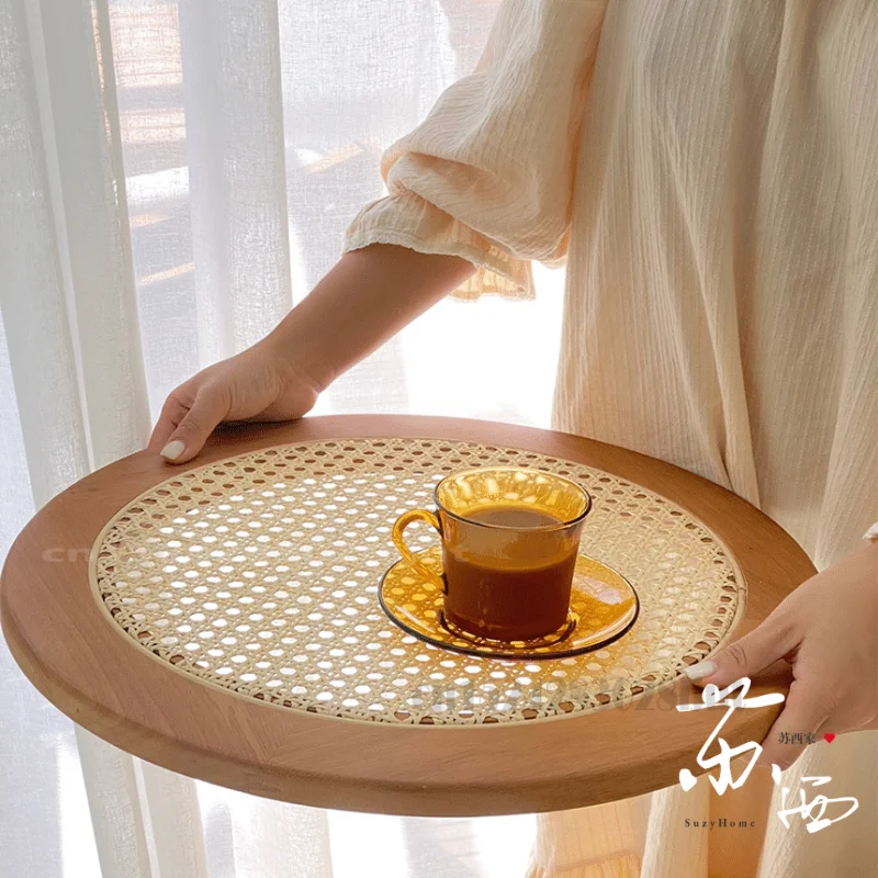 

Rattan Decorative Trays Solid Wood Rattan Trays Photo Props Round Food Trays Retro Home Decorations