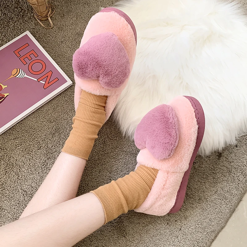 COOTELILI Women Heart-Shaped Fur Round Toe Comfort Platform Flats Snow Shoes Resistance Warm Winter Fluffy Plush Loafers | Обувь