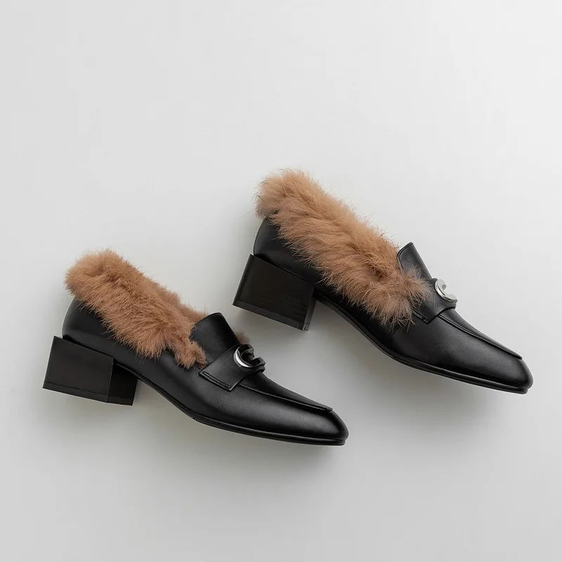 

ZVQ Spring Autumn New Women Pumps Outside Casual Mid Heels Square Toe Genuine Leather Metal Decoration Women Shoes Drop Shipping