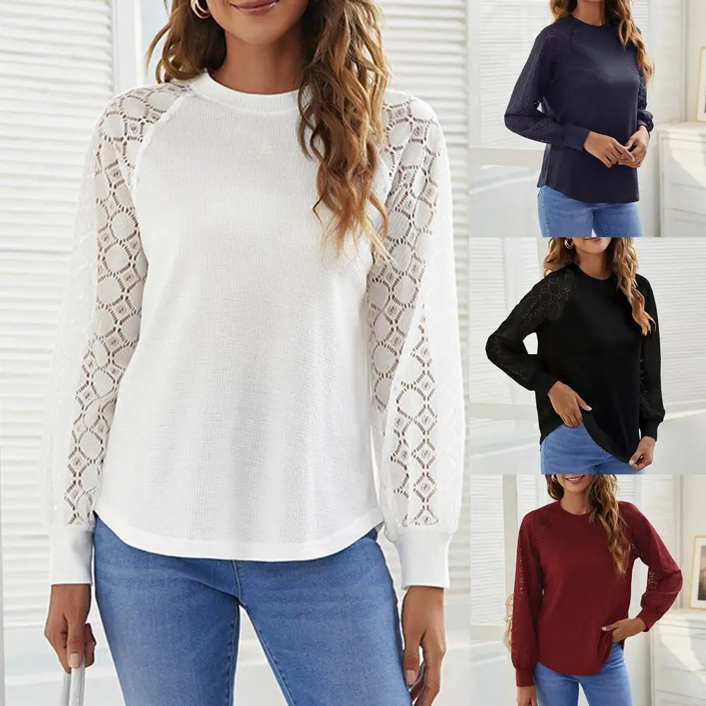 

2021 Autumn Stylish T-shirt Women Blouse Hollow Out Lace Patchwork Waffle Raglan Sleeve Solid Color Lady Pullover Top Streetwear