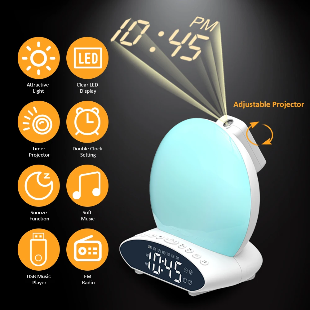

Будильник, будильник, проектор восхода/заката, настольная лампа, цифровые часы с FM-радио, ночник, часы с сенсорным управлением