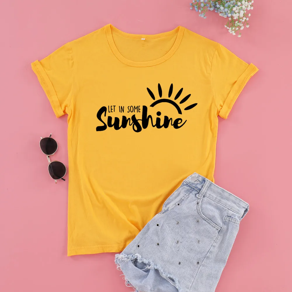 

Забавная повседневная женская футболка LET IN SOME SUNSHINE, модная уличная рубашка из 100% хлопка с круглым вырезом и коротким рукавом, женские топы, ...