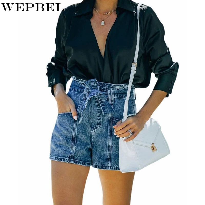

Шорты WEPBEL женские джинсовые с завышенной талией, повседневные однотонные прямые из денима с карманами, со шнуровкой, на лето