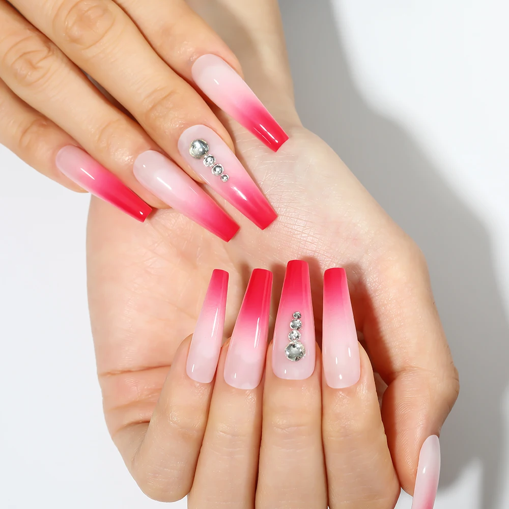 

24 Pieces/Box Removable Gradient Red Long Coffin Fake Nails Rhinestone Ballerina Fake Nail Design Tips With Adhesive