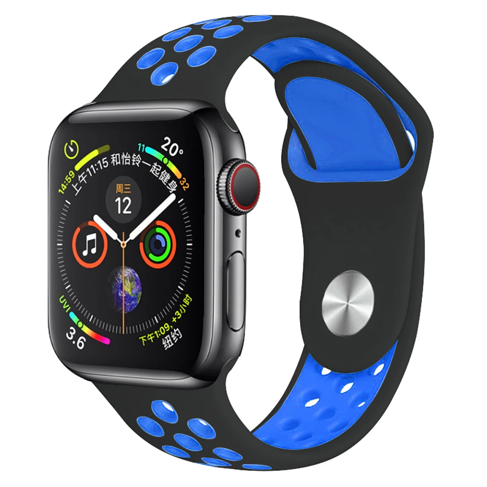 Black with blue Мягкий силиконовый сменный спортивный ремешок для Apple Watch, 38 мм, 40 мм, серия 1, 2, 3, 4, 5, 42 мм, 44 мм, браслет на запястье, ремешок для iWatch Sports - Цвет ремешка: Black with blue